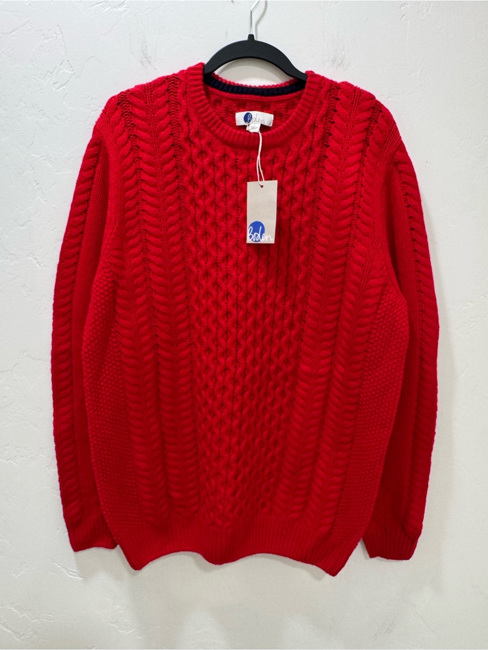 NWT Boden Red Cable Knit Wool Blend Crewneck Sweater Large Chunky Fisherman
